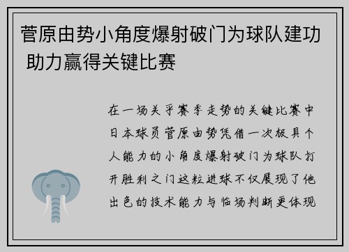 菅原由势小角度爆射破门为球队建功 助力赢得关键比赛