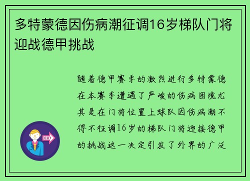 多特蒙德因伤病潮征调16岁梯队门将迎战德甲挑战 多特蒙德因伤病潮征调16岁梯队门将迎战德甲挑战